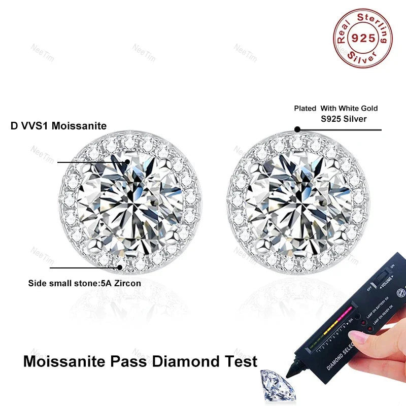 NeeTim 0.5-2CT Moissanite Stud Earrings for Women Sparkling Lab Diamond Sterling Silver S925 Wedding Party Jewelry Certified